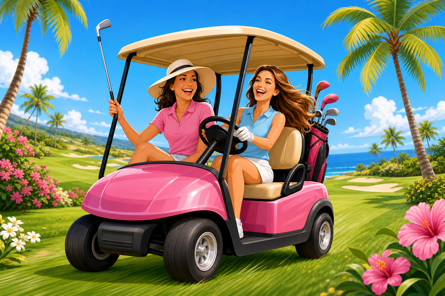 Cartoon Lady Golfers in Golf Cart